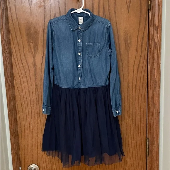 OshKosh B'gosh UGC Girls Size 10 Denim Chambray and Navy Tulle Dress - Picture 1 of 11